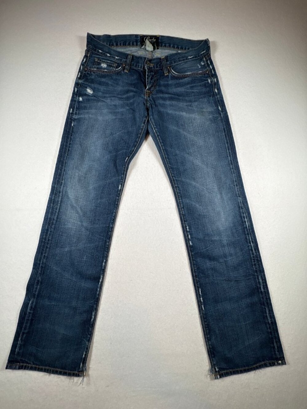 Lucky Brand Riley Jeans Womens 4/27 Blue Denim Whiskered Distressed Straight Leg